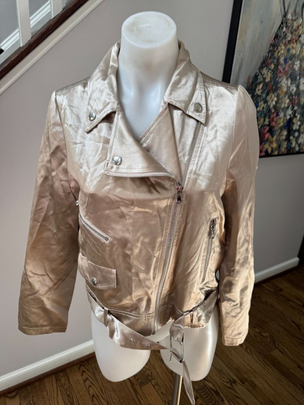 Cami NYC Drey Satin Silk Metallic Moto Jacket Gold Size XS